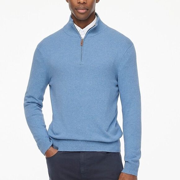 NWT J.Crew Cotton Quarter Zip Heathered Blue Pullover Sweater Sz L - Picture 1 of 6